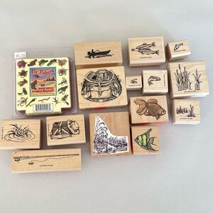 Lot Of Stampin Up PSX & Others Rubber Wood Mount Stamp Lot Fishing Lake Boat